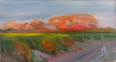 Painting titled "Coucher de soleil 1" by Laurence Allemand, Original Artwork, Oil Mounted on Wood Stretcher frame