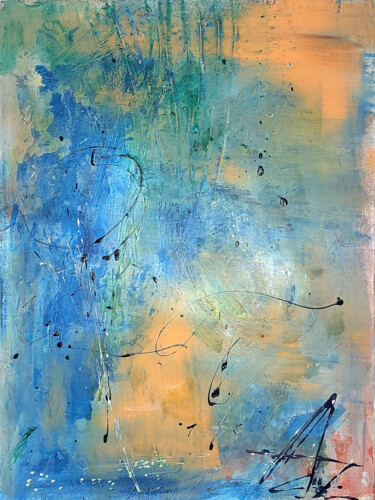 Painting titled "Abstrait bleu et ro…" by Laurence Ansiaux, Original Artwork, Acrylic Mounted on Wood Stretcher frame