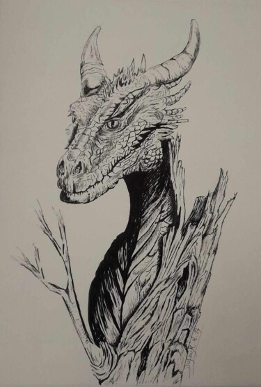 Drawing titled "Dragon de bois" by Laurence Dufour, Original Artwork, Gel pen