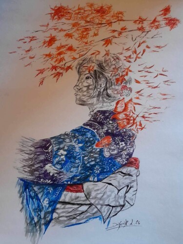 Tekening getiteld "Sous les érables" door Laurence Dufour, Origineel Kunstwerk, Gelpen