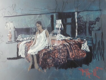 "Femme au bord du lit" başlıklı Tablo Laurence Fauchart tarafından, Orijinal sanat, Işaretleyici Diğer sert panel üzerine mo…