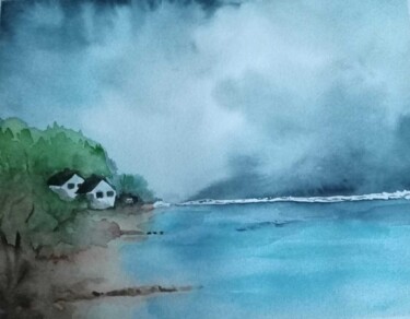 Malerei mit dem Titel "Plage & Orage" von Laurence Grard Guenard, Original-Kunstwerk, Aquarell