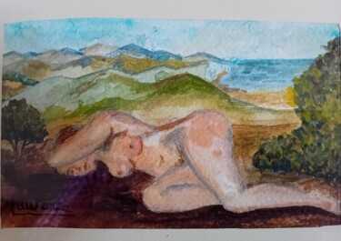Painting titled "Femme allongée" by Laurence Mucheron, Original Artwork, Watercolor Mounted on Cardboard