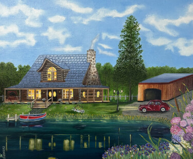 Pintura intitulada "La maison du lac" por Laurence Oeillet, Obras de arte originais, Óleo