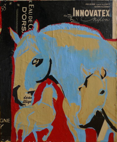Collages titled "MARE & FOAL, Jument…" by Laurence Poitrin, Original Artwork, Collages Mounted on Wood Stretcher frame
