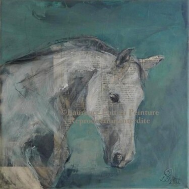 Painting titled "Portrait cheval gri…" by Laurence Poitrin, Original Artwork, Acrylic Mounted on Wood Stretcher frame