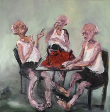 Painting titled "La partie de cartes" by Laurence Pustoc'H, Original Artwork, Oil Mounted on Wood Stretcher frame