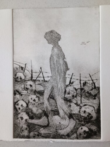 Printmaking titled "la barrière" by Laurence Pustoc'H, Original Artwork, Engraving Mounted on Cardboard