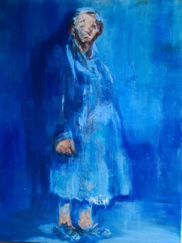Painting titled "En bleu confondu" by Laurence Pustoc'H, Original Artwork, Oil Mounted on Wood Stretcher frame