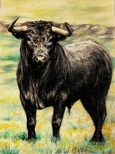 Dessin intitulée "Le taureau" par Laurence Keriguy, Œuvre d'art originale, Crayon