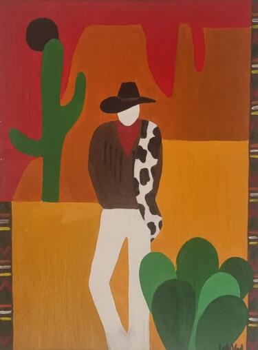 Painting titled "Cowboy" by Laurène Vadé (Lolavad), Original Artwork, Oil Mounted on Wood Stretcher frame