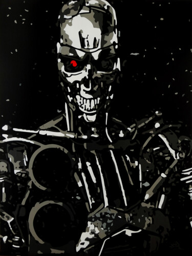 Painting titled "T-800 Mr Black" by Laurent Roybet, Original Artwork, Spray paint Mounted on Wood Stretcher frame