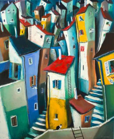 Painting titled "Ville méridionale" by Laurent Chimento, Original Artwork, Oil Mounted on Wood Stretcher frame
