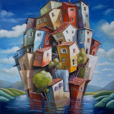 Painting titled "Un village dans la…" by Laurent Chimento, Original Artwork, Oil Mounted on Wood Stretcher frame