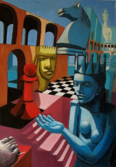 Pintura intitulada "La cité des échecs" por Laurent Chimento, Obras de arte originais, Óleo Montado em Armação em madeira