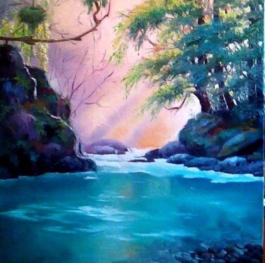 Картина под названием "Dawn on the river…" - Natalyi Lazarchenko, Подлинное произведение искусства, Масло