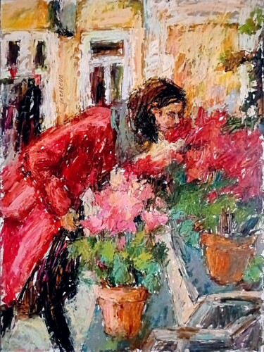 Malerei mit dem Titel "In a red coat/2020" von Valerie Lazareva, Original-Kunstwerk, Öl