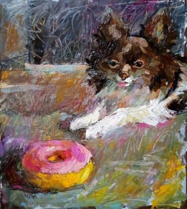 Malarstwo zatytułowany „Chihuahua with donut” autorstwa Valerie Lazareva, Oryginalna praca, Olej