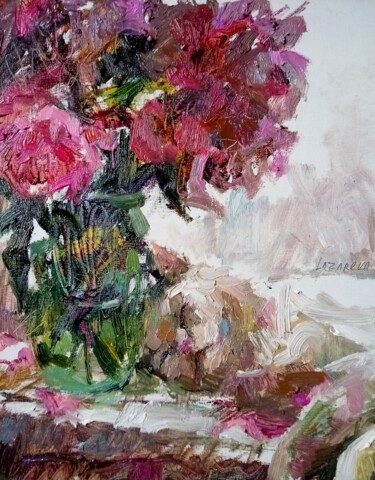 Painting titled "Cat with peonies/20…" by Valerie Lazareva, Original Artwork, Oil