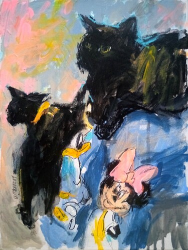 Painting titled "Black Cat & Minnie…" by Valerie Lazareva, Original Artwork, Acrylic