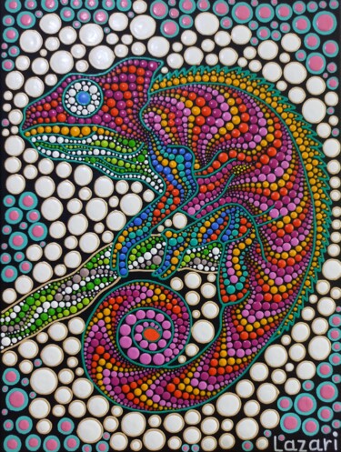 Painting titled "Vibrant Chameleon" by Oxana Lazari, Original Artwork, Acrylic Mounted on Wood Stretcher frame