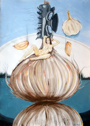 Schilderij getiteld "THE ONION MAIDEN AN…" door Lazaro Hurtado, Origineel Kunstwerk, Acryl