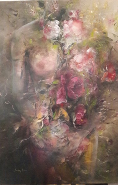 Peinture intitulée "femme-fleurs-hst-60…" par Francette Lebeau, Œuvre d'art originale, Huile