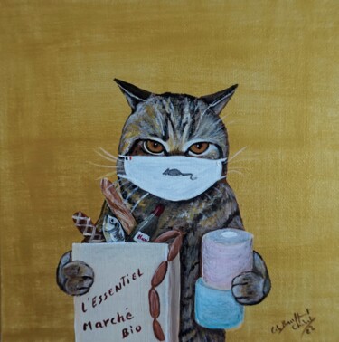 Painting titled "" chat prévoyant "" by Laurence De Chabot, Original Artwork, Acrylic Mounted on Cardboard
