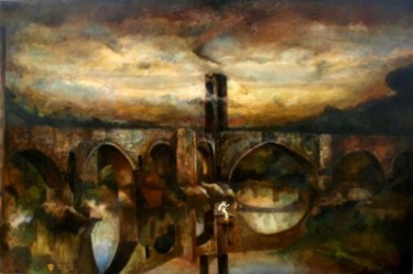 Painting titled "EL PASO POR BESALU…" by Alexander Leal Cid, Original Artwork, Oil Mounted on Wood Stretcher frame