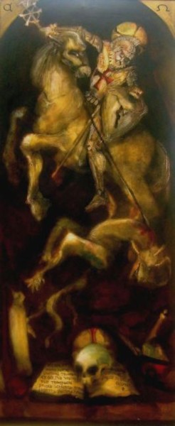 Painting titled "SAN JORGE Y EL DRAG…" by Alexander Leal Cid, Original Artwork, Oil