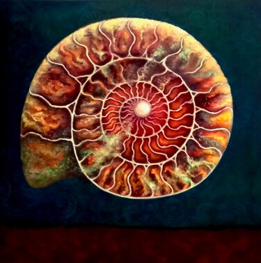 Painting titled "Ammonite Doreé et V…" by Lee Campbell, Original Artwork, Oil Mounted on Wood Stretcher frame