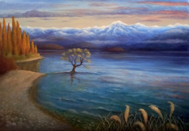 Painting titled "The Wanaka Tree" by Lee Campbell, Original Artwork, Oil Mounted on Wood Stretcher frame