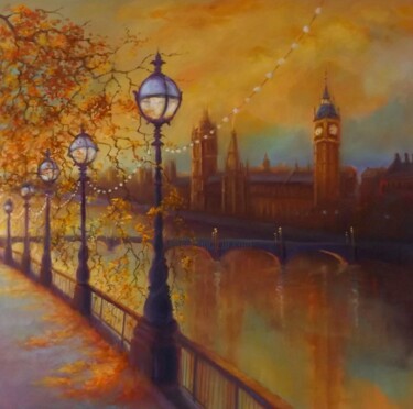 Painting titled "Golden Thames" by Lee Campbell, Original Artwork, Oil