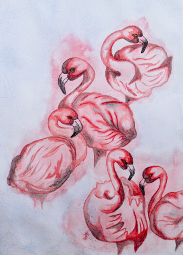 Peinture intitulée "FLAMINGO - aquarell…" par Leetruka, Œuvre d'art originale, Aquarelle Monté sur Carton