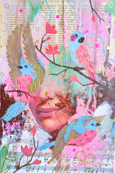 Pintura titulada "Birdsong - abstract…" por Leetruka, Obra de arte original, Oleo Montado en Otro panel rígido