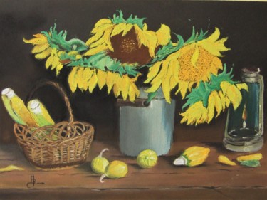 Painting titled "les tournesols" by Le Fléchois, Original Artwork, Pastel Mounted on Glass