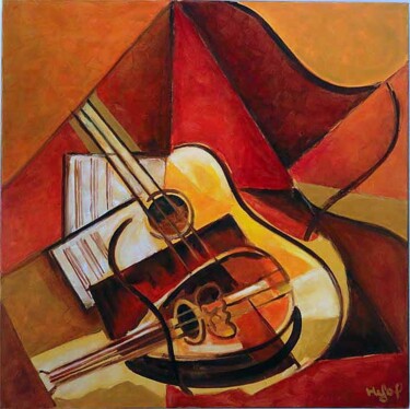 Schilderij getiteld "Guitare-mandoline" door Lefolhub, Origineel Kunstwerk, Olie
