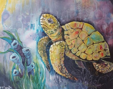 Ζωγραφική με τίτλο "Sea Turtling" από Lelanie Liebenberg, Αυθεντικά έργα τέχνης, Ακρυλικό Τοποθετήθηκε στο Ξύλινο φορείο σκε…