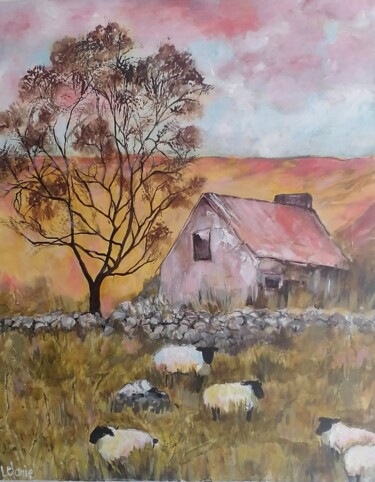 Painting titled "Pink skies on farm" by Lelanie Liebenberg, Original Artwork, Oil Mounted on Wood Stretcher frame