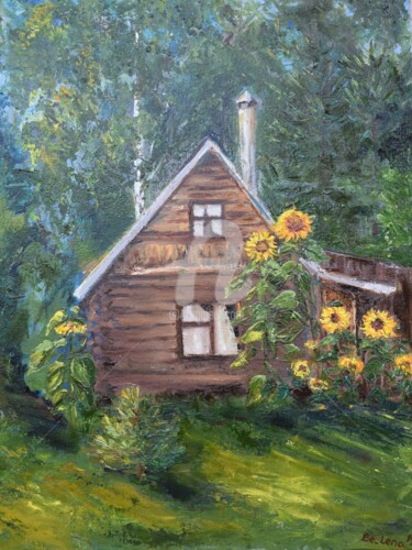 Painting titled "House from childhoo…" by Elena Berezhnaya Be Lena, Original Artwork, Oil Mounted on Cardboard