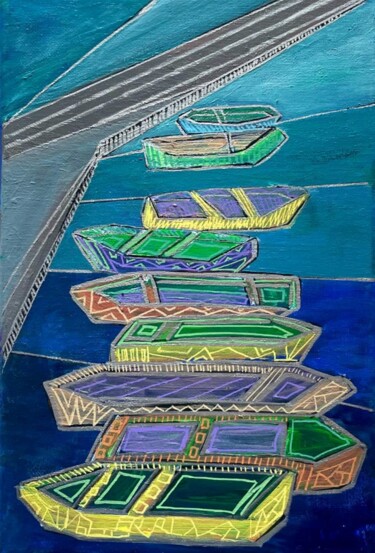 Painting titled "9 boats" by Lena Langer, Original Artwork, Acrylic