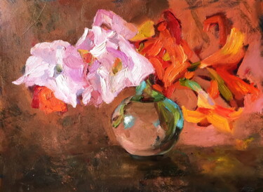 Painting titled "Lilies Floral Still…" by Lena Ru, Original Artwork, Oil