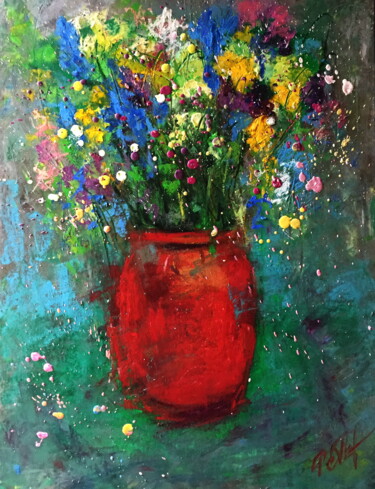 Painting titled "Red vase and meadow…" by Lena Ru, Original Artwork