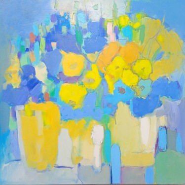 Painting titled "Yellow on Blue" by Elena Shraibman, Original Artwork, Oil Mounted on Wood Stretcher frame