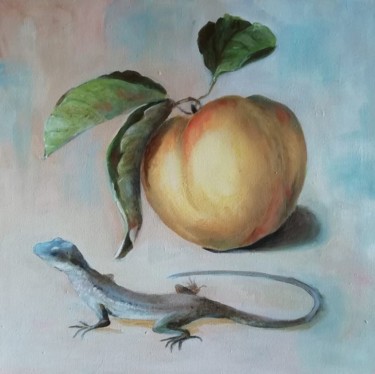 Painting titled "Quince and Lizard(I…" by Elena Soloveva, Original Artwork, Oil Mounted on Wood Stretcher frame