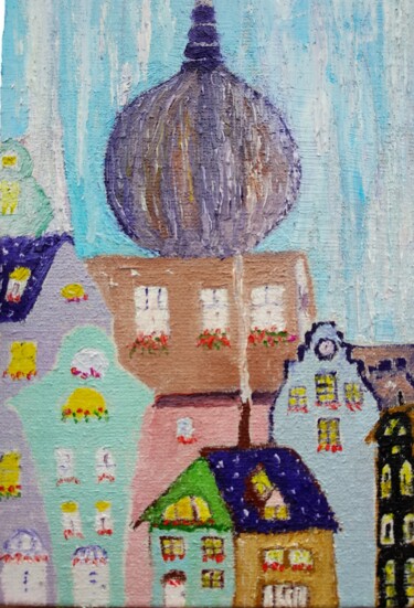 Pintura intitulada "Fairytale tiny city…" por Lena Vanli, Obras de arte originais, Óleo