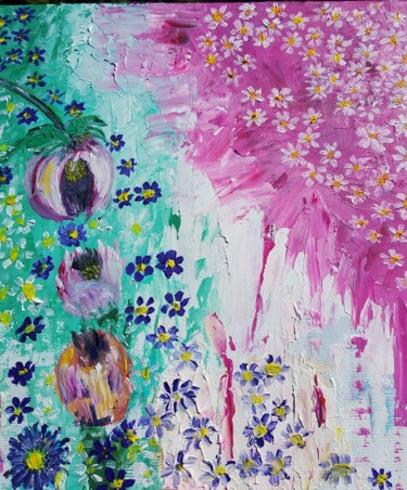 Painting titled "Flowers meadows oil…" by Lena Vanli, Original Artwork, Oil