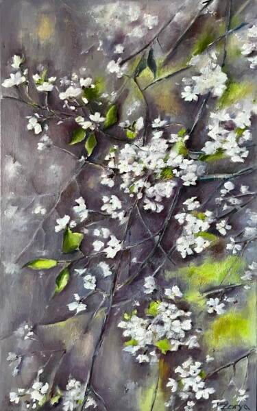 Painting titled "Cherry blossoms" by Lena Zoria, Original Artwork, Oil Mounted on Wood Stretcher frame