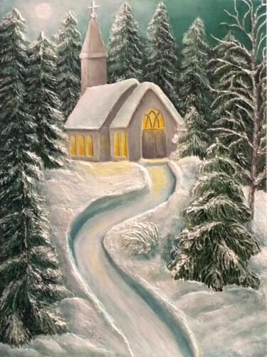 Painting titled "Chapelle" by Elena Makhonina, Original Artwork, Oil Mounted on Wood Panel