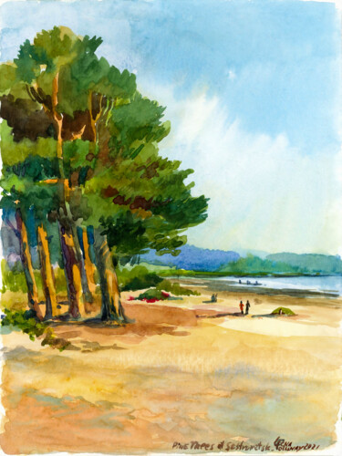 Pittura intitolato "Pine trees on the s…" da Lena Tolunay, Opera d'arte originale, Acquarello